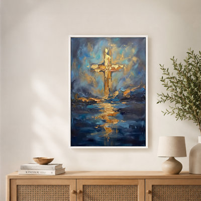 Glowing Cross Reflected in Water Canvas Wall Art with Floating Frame, Ready to Hang