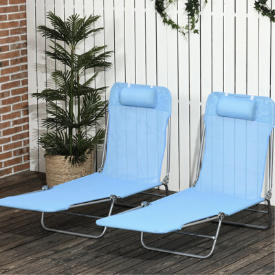 2 Piece Blue Folding Chaise Lounge Chairs For Outdoor Pool And Beach Use, 6 - Position Reclining Back, Breathable Mesh Seat, , Steel Structure, 265 Lbs Weight Delight, Reclining, Frame, Limit