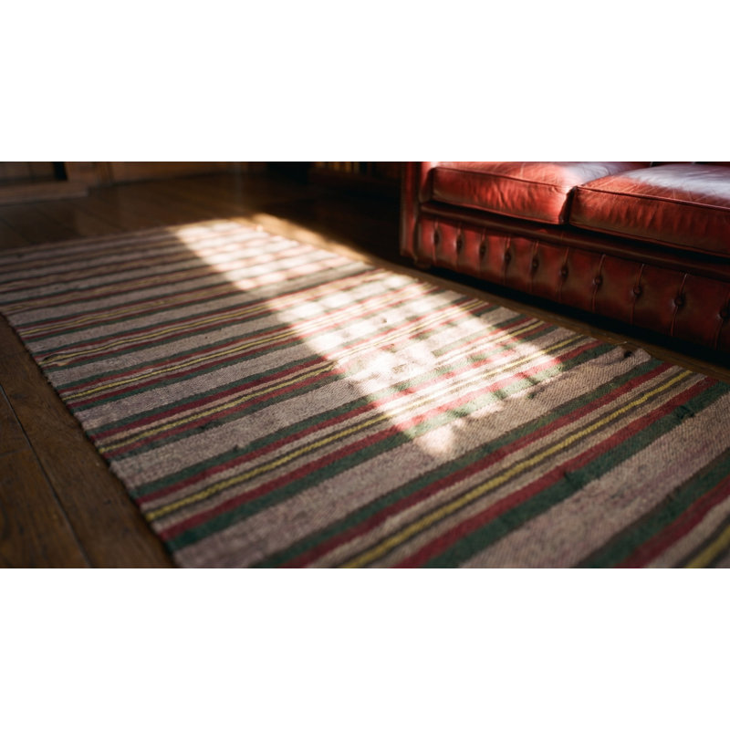 Antique Striped Pattern American Flat Weave Hallway Runner Rag Rug