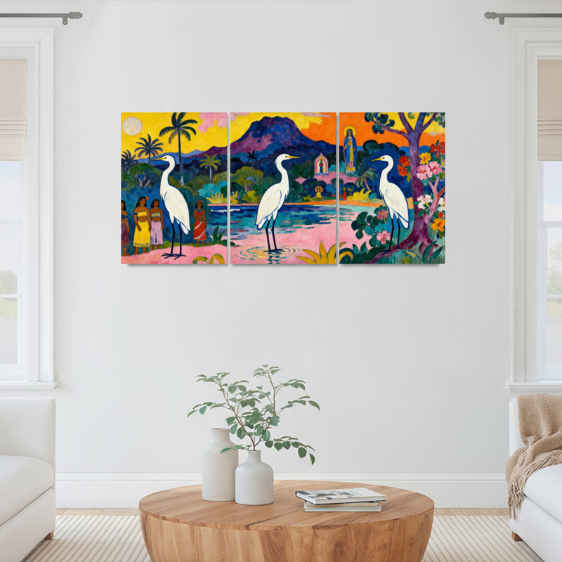 Ensemble de 3 tableaux sur toile représentant des oiseaux tropicaux et des palmiers, H 18 po x l 36 po