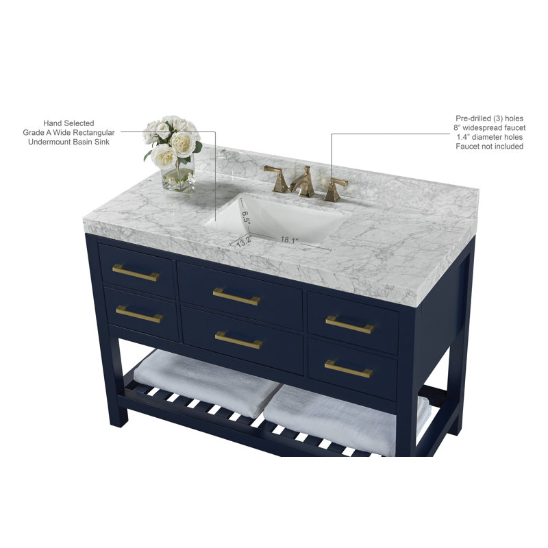 Elizabeth 48'' W Single Vanity, Carrara White Marble, Heritage Blue/Brushed Gold