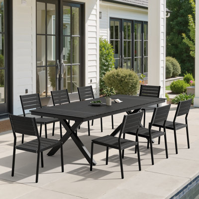 Ensemble de salle à manger de patio en aluminium pour 8 personnes avec l 90,3 po x P 40,5 po avec trou pour parasol et chaises empilables