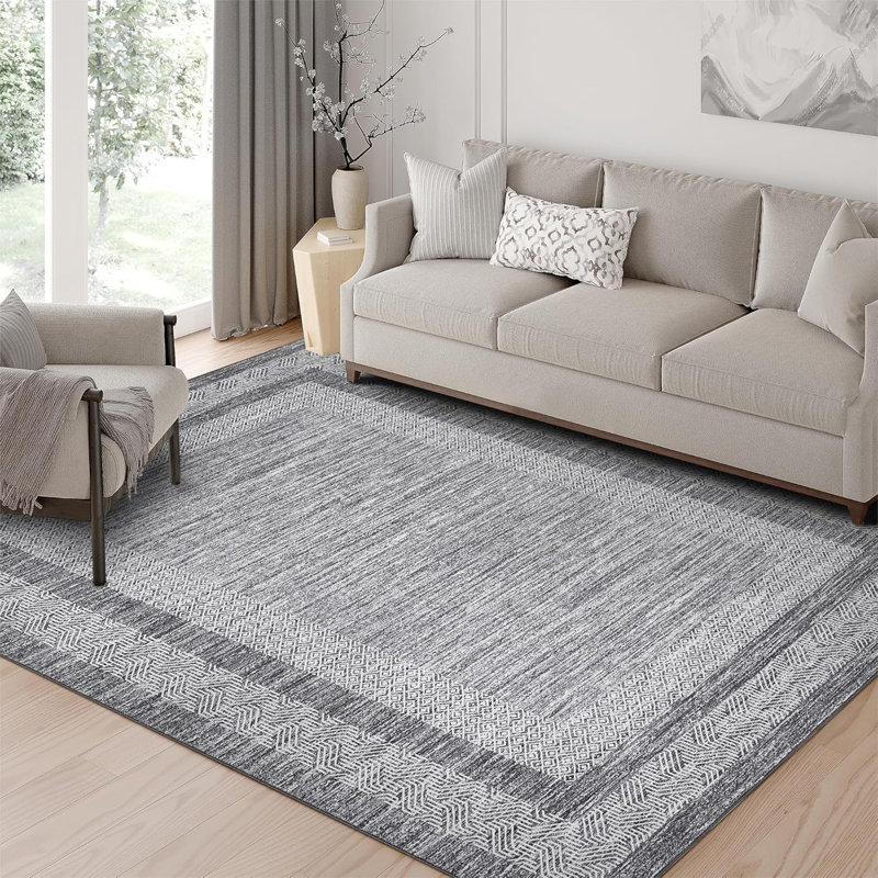 8x10 Modern Rug Thin Washable Non-Slip Geometric Border Low Pile Foldable Soft Non-Shedding Indoor Accent Carpet Gray