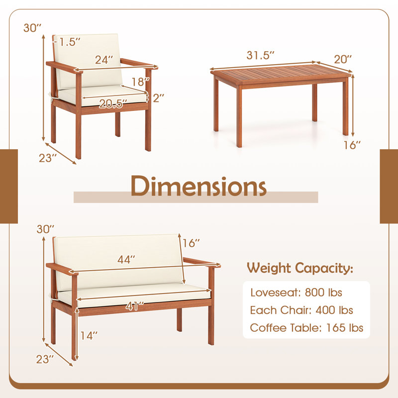 Ensemble de 4 chaises de patio en bois d'acacia avec table, 4 pièces