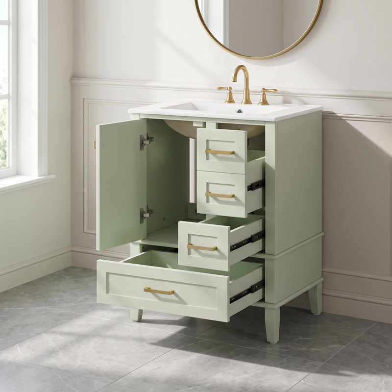 Meuble-lavabo simple Brantley de 63,5 cm (25 po) au fini blanc éclatant, avec comptoir en céramique blanche, portes de style Shaker et rangement à fermeture amortie