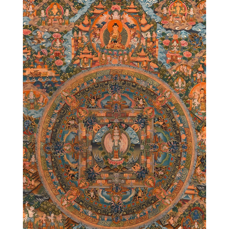 Lokeshvara Mandala (Thangka sans brocart) | Or 24 carats, gouache et acrylique sur toile de coton