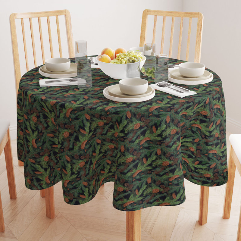 Geometric Round Christmas Tablecloth, 96" x 96", Fir Branches and Green Pines