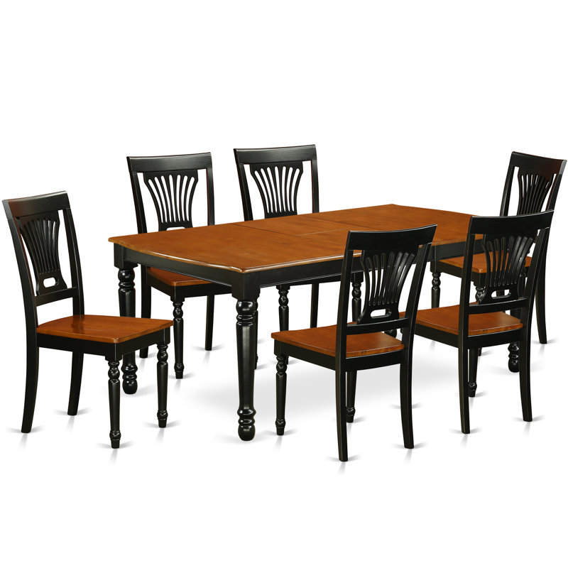 7 Piece Dining Table Set consists of a Rectangle Dining Room Table with a Butterfly Leaf and 6 Wooden Seat Chairs, 42x78 Inch, Black & Cherry