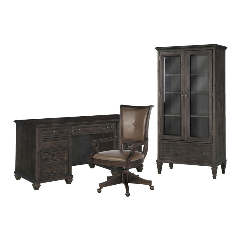 Credenza With Chair And Door Bookcase, 3 Pieces: Desk, Chair, Bookcase, Weathered Charcoal