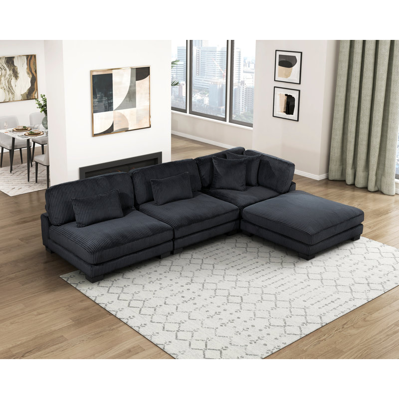 Canapé modulaire 4 pièces avec repose-pieds Koah, Black Corduroy