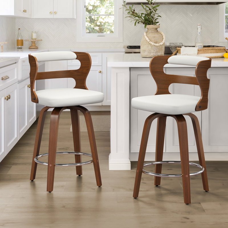 Swivel Upholstered Counter & Barstool With Wood Frame, White/Brown