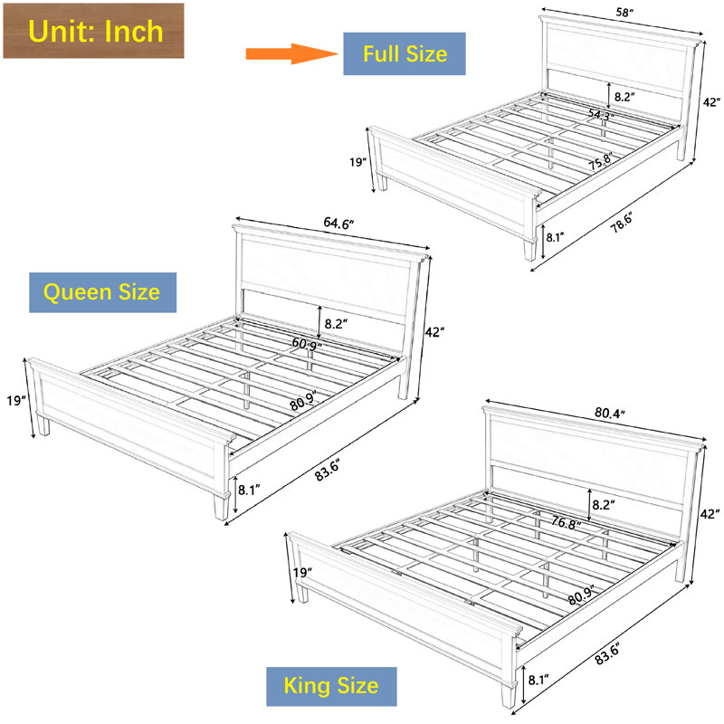 Bed Frame Platform with Headboard, Full, Seadrift