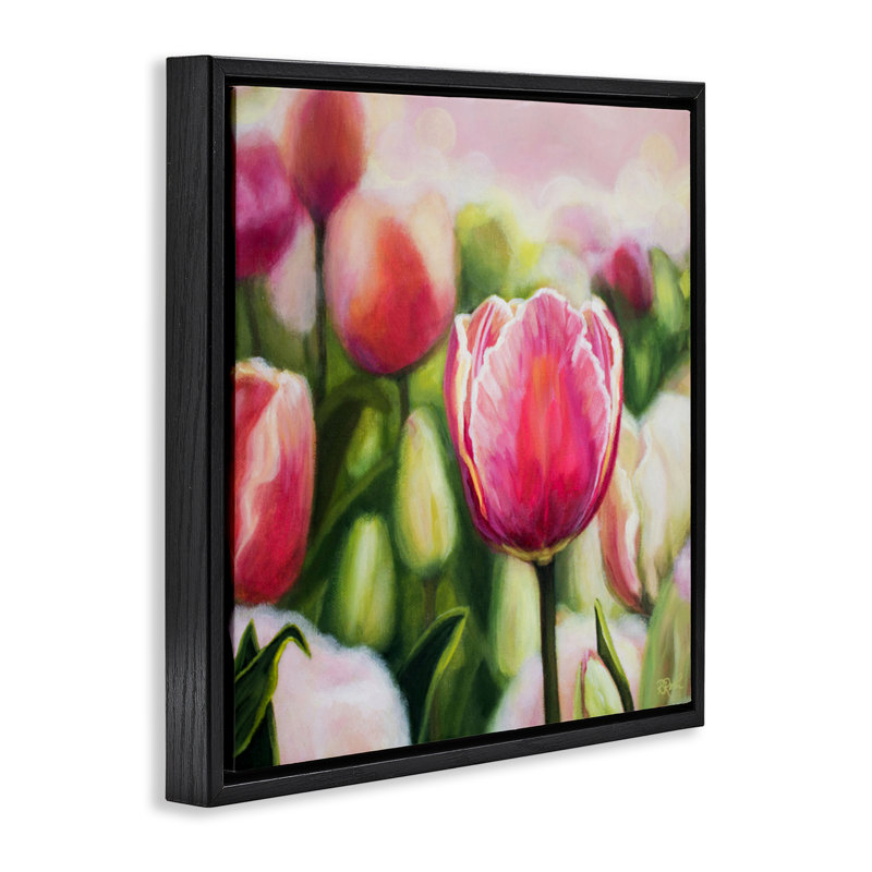 "Blooming Tulips Garden", art mural sur toile flottante par Raquel Roth, H 18 po x l 18 po, Cadre flottant noir de jais