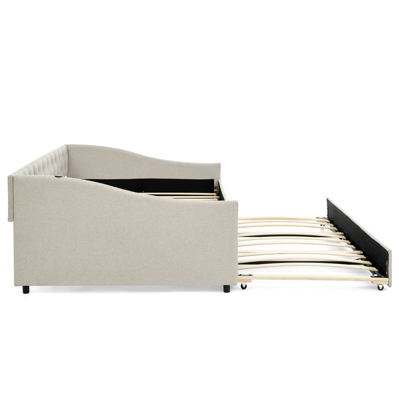 Lit de jour double avec charge USB et lit extensible de taille simple, avec bouton sur le dos et clou en cuivre sur les accoudoirs ondulés
