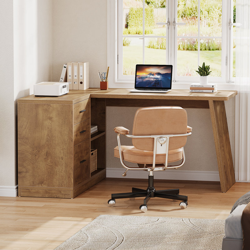 L-Shaped Computer Desk with File Cabinet and Storage Shelves