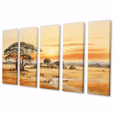 Beige African Safari Landscape IV - Africa 5 Piece Wall Art Decor