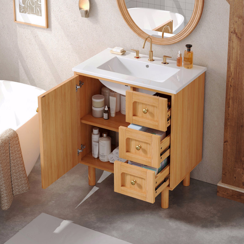 Meuble-lavabo de 30 po avec lavabo en céramique, meuble-lavabo à 3 tiroirs, 1 grande porte à fermeture douce et armoire de rangement Farmhouse