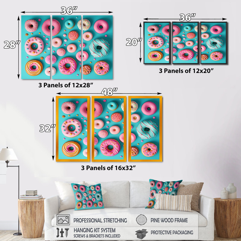 «Colorful Donuts Flatlay IV», reproduction sur toile 3 pièces, H 28 po x l 36 po x P 1 po, Toile tendue