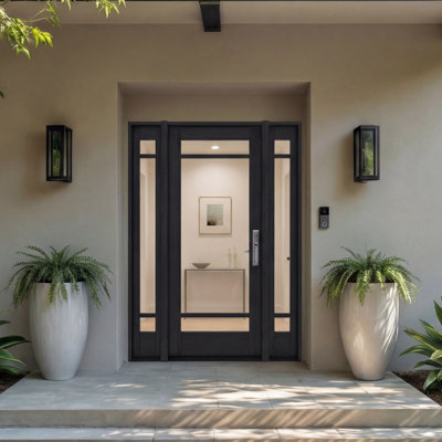 G10302-SW-80 | 80" Single Door, + 2xSidelites RTA Prehung Exterior, SDL 3 Lite, Unfinished Mahogany Wood