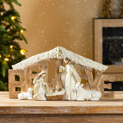 11.75"L Resin "BELIEVE" Holy Family Christmas Figurines