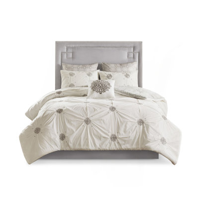 6 Piece Embroidered Cotton Reversible Comforter Set Ivory Full/Queen