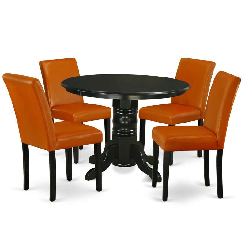 5 Piece Dining Table Set Includes a Round Dining Room Table with Pedestal and 4 Baked Bean Faux Leather Upholstered Chairs, Black