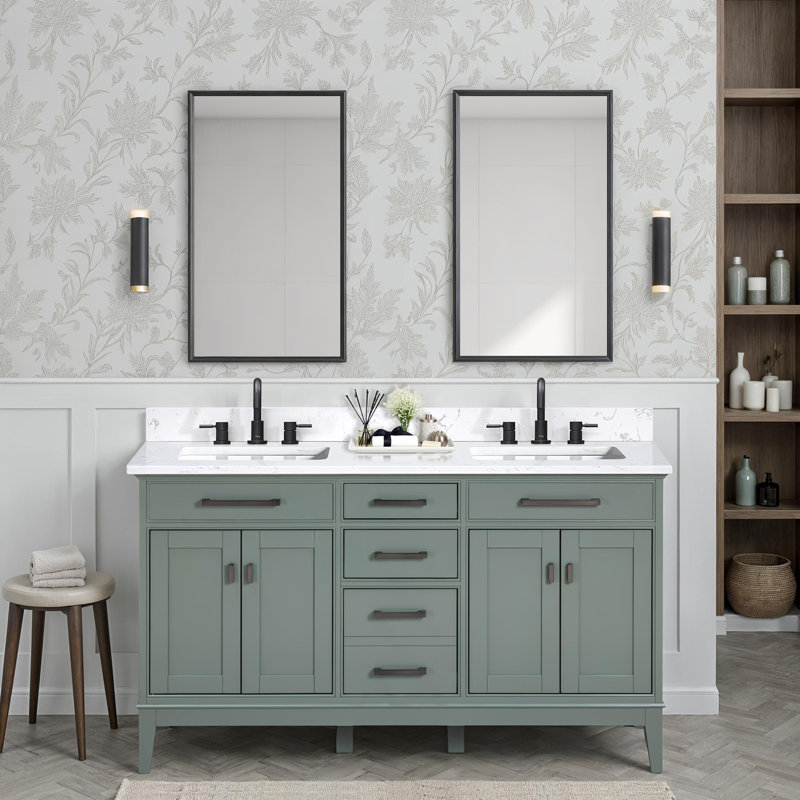Anglet 60" Double Bathroom Vanity with Top, Cala White, Smoke Green