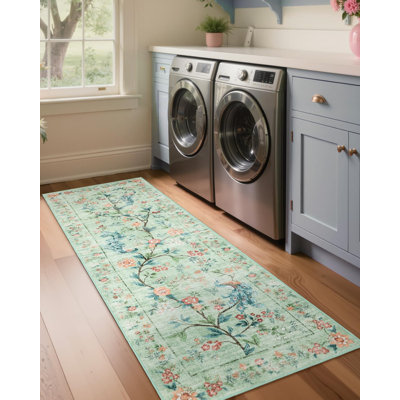 2x6 Washable Runner Rug – Floral Peacock Design, Non-Slip, Stain-Resistant Mat for Bedroom, Kitchen, Bathroom