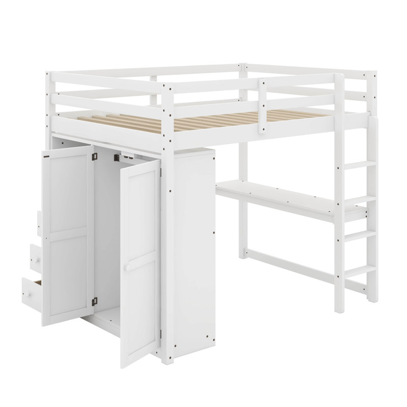 Lit mezzanine double avec bureau, tablettes et tiroirs, Blanc