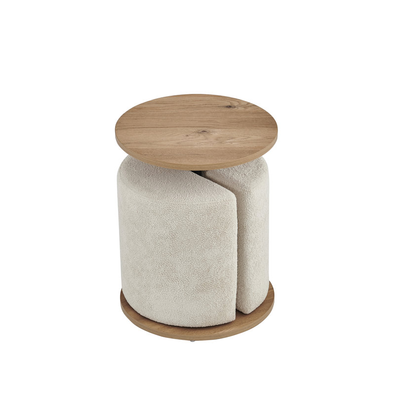 Table d'appoint ronde en placage de chêne avec repose-pieds dissimulé en tissu Teddy, table de bout de 17,3 po de diamètre avec siège escamotable, mobilier d'appoint peu encombrant pour le salon et la chambre à coucher