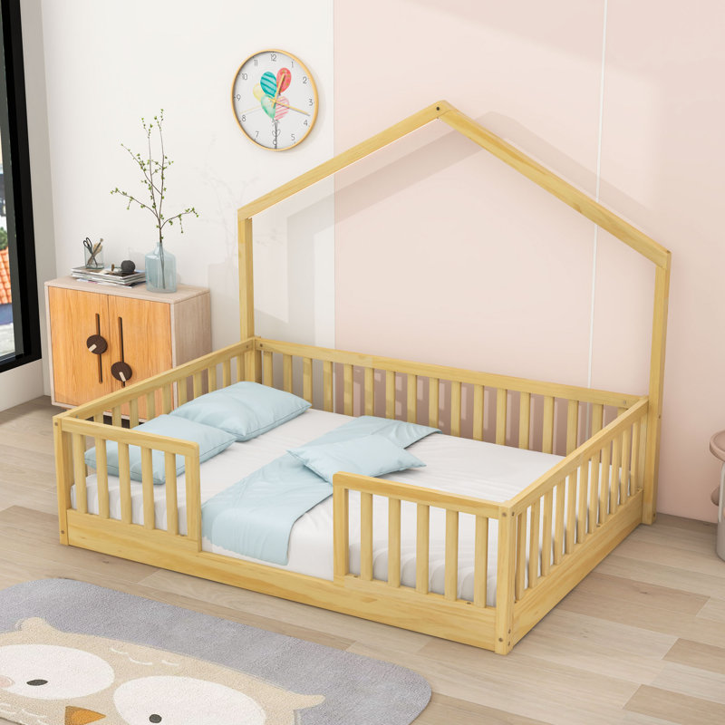 Wood Montessori Bed with Rails and Built-in LED Light, Natural, Full