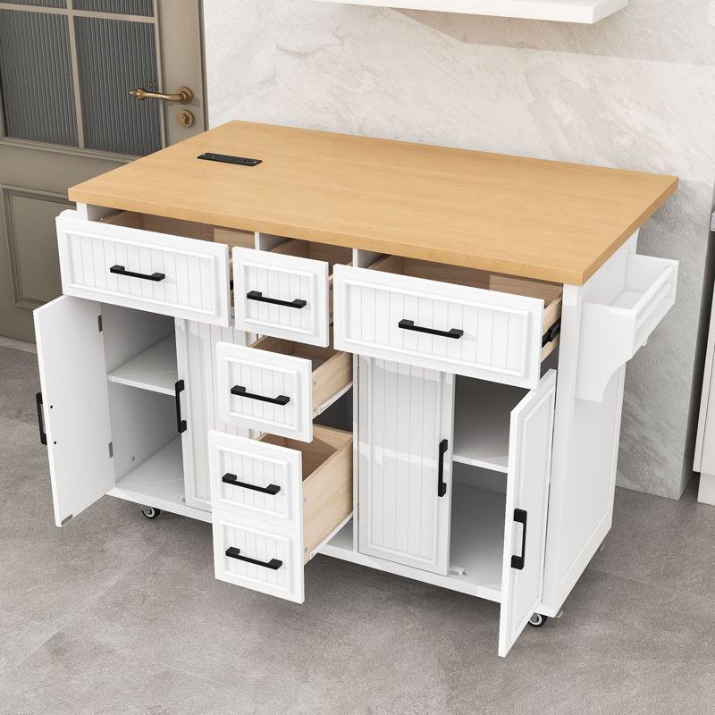 Rolling Kitchen Island with Drop Leaf, 5 Drawers, Adjustable Shelves and Power Outlet, White
