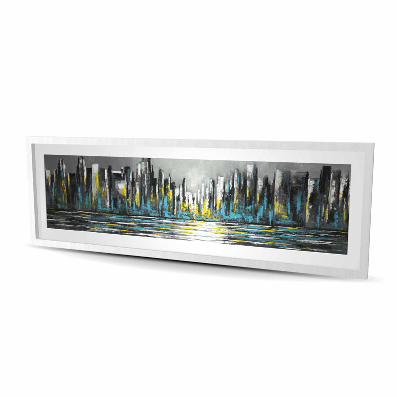 «Abstract Blue Skyline» - Imprimé mat gris encadré, H 60 po x l 20 po, Argent argent