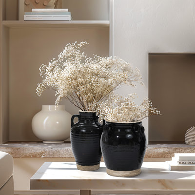 Clarrie Black Vintage Amphora Table Vase Set of 2, Stoneware Decorative Urn Vase with Handle
