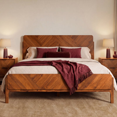 Bifrost 100% Solid Acacia Wood Platform Bed With Tall Headboard And Footboard, Mid-Century Art Deco Design, No Box Spring Needed, Sturdy Slat Support, Scratch & Water-Resistant