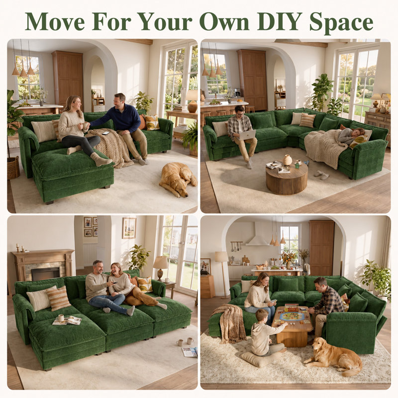 Amabilia 7-Piece 153'' U-Shaped Comfy Cloud Modular Sectional Sofa With Deep Seat, 4-Seat Sofa With Removable Ottomans-Chenille Fabric-Green