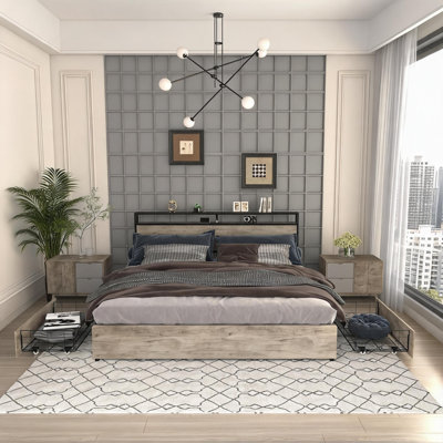 Full Size Classic Gray Platform Bed with Storage Headboard and Charging Station, MDF and Metal Construction