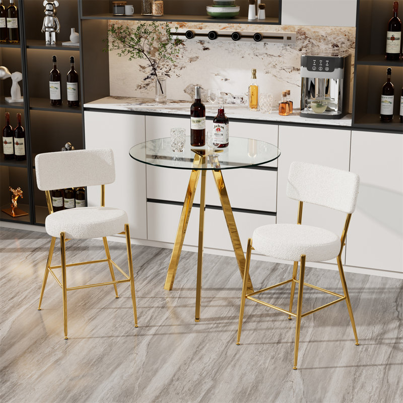 Round Height Pub Table and 2 Teddy fabric Bar Stools, White/Gold, Gold, Clear