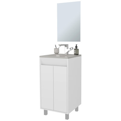 Armoire de salle de bain blanche à 2 portes avec lavabo intégré sans soudure, pieds en métal prolongés, hauteur de 34,1 pouces, largeur de 17,8 po et profondeur, panneau de particules en couleur 2 portes, robustes 34,1 po x H 17,8 po x 17,8 po,