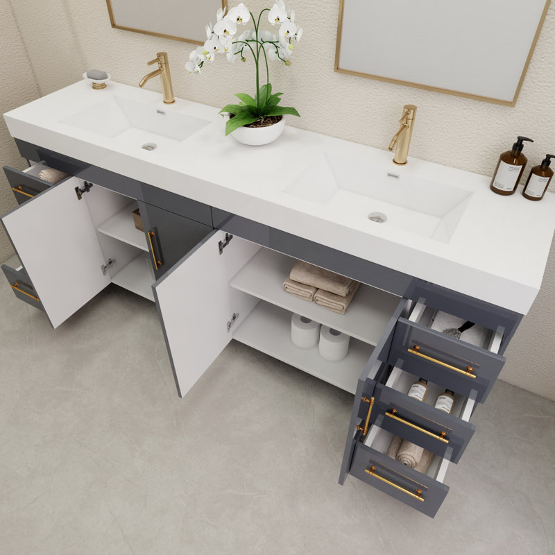 84" Double Bathroom Vanity Set with Drawers and Doors, Glossy Gray