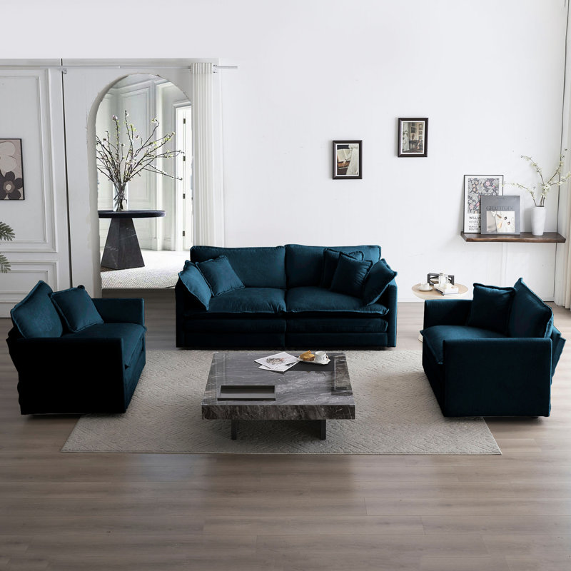 Ensemble de salon 3 pièces en chenille bleue, comprenant 2 fauteuils et 1 table basse, structure en bois, tissu et mousse, pour un luxe raffiné. Mobilier confortable et robuste en chenille, construction solide.