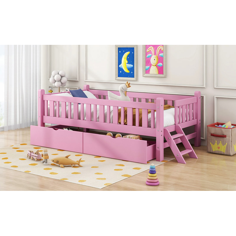 Wood Twin Size Platform Bed With Guardrail And 2 Drawers, Pink