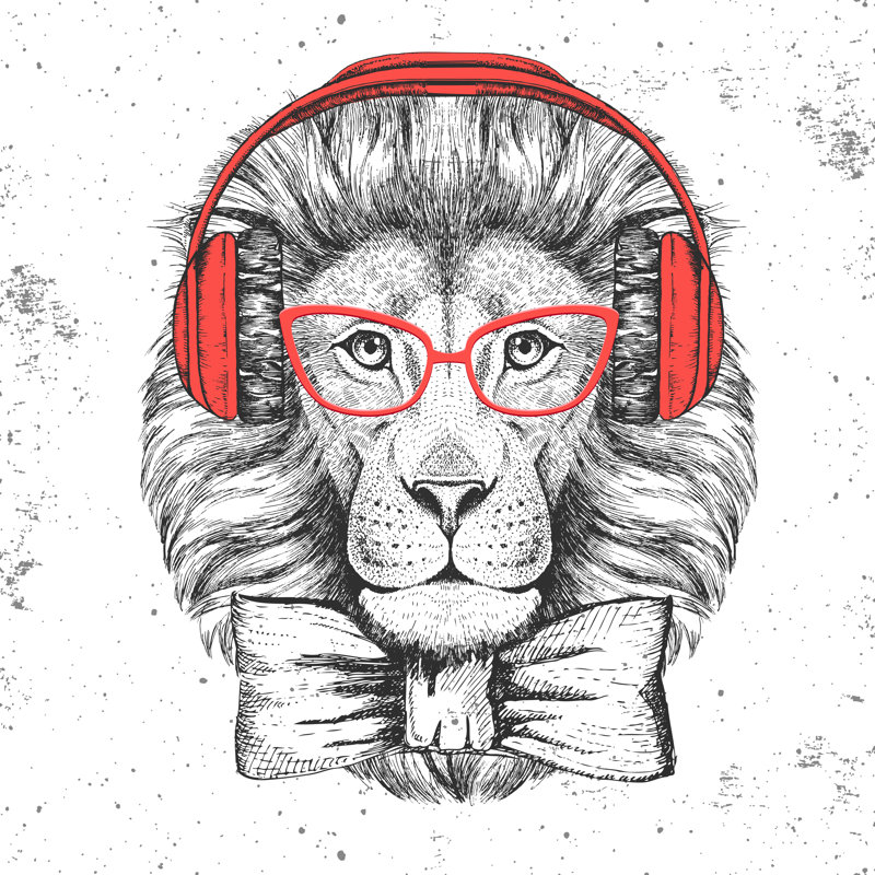 Hipster Animal Lion With Headphones by Ganna Bozhko - Wrapped Canvas Print, 30cm H x 30cm W x 3.8cm D