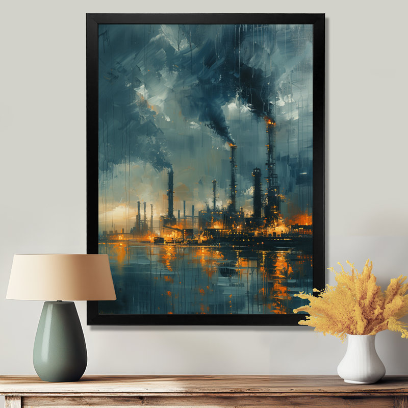 Bleu, bleu, usines, paysage industriel I - usines, décoration murale, Toile encadrée noire simple, H 20 po x l 12 po x P 1 po