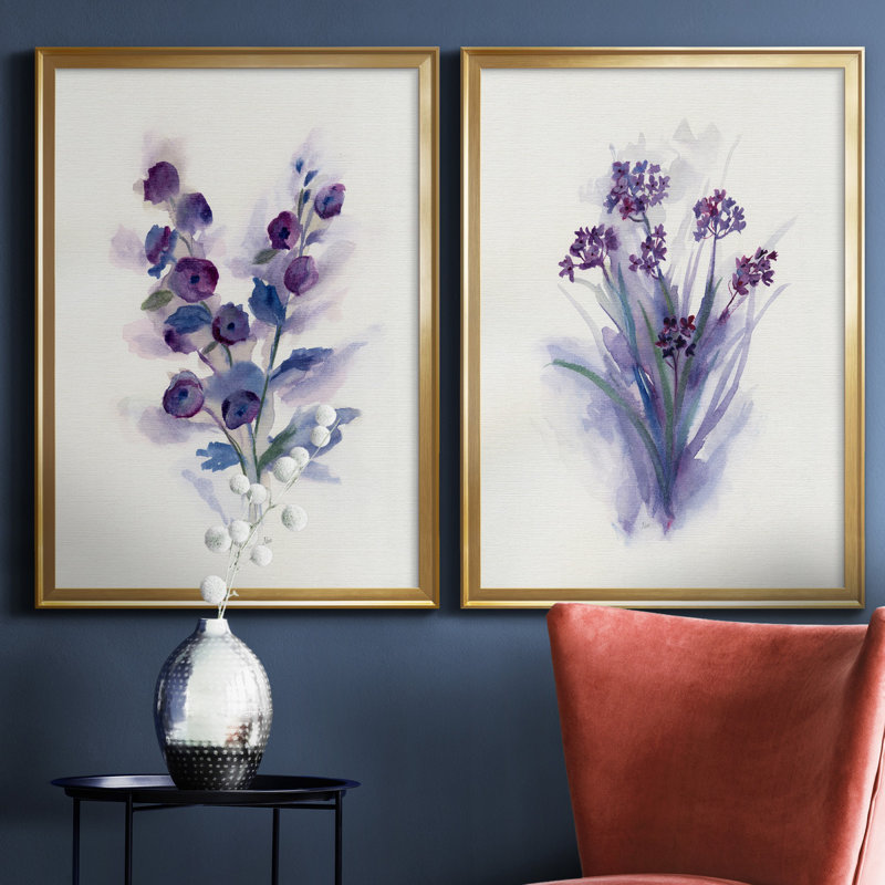 «Pretty in Purple I», ensemble de 2 reproductions d'art, H 30,5 po x l 85 po x P 1,5 po, Toile encadrée dorée, Pas de tapis