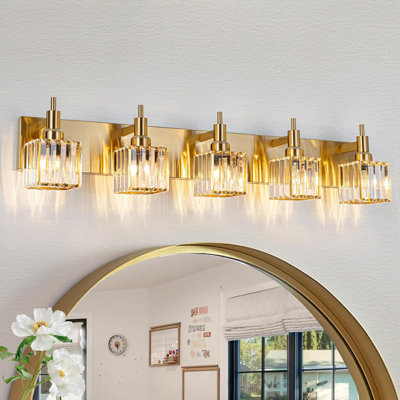 Luminaire de meuble-lavabo moderne en cristal doré - applique murale à 5 lumières à intensité variable avec cristaux K9 pour miroir ou chambre à coucher