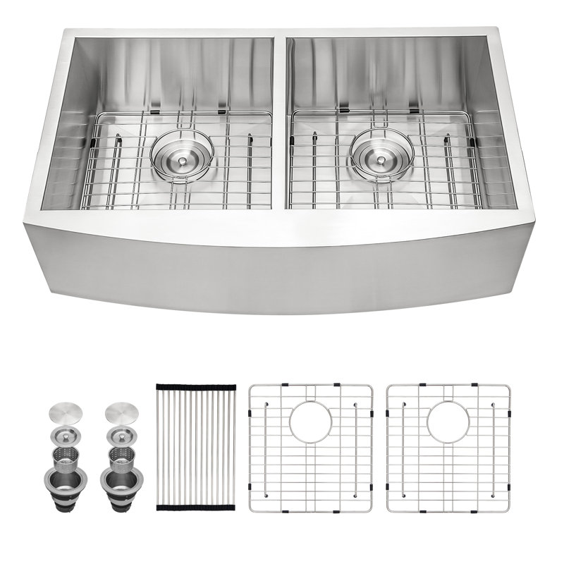 36'' L x 20'' W 50/50 Double Bowl Stainless Steel Farmhouse Kitchen Sink with Bottom Grid, Basket Strainer and Roll-up Rack