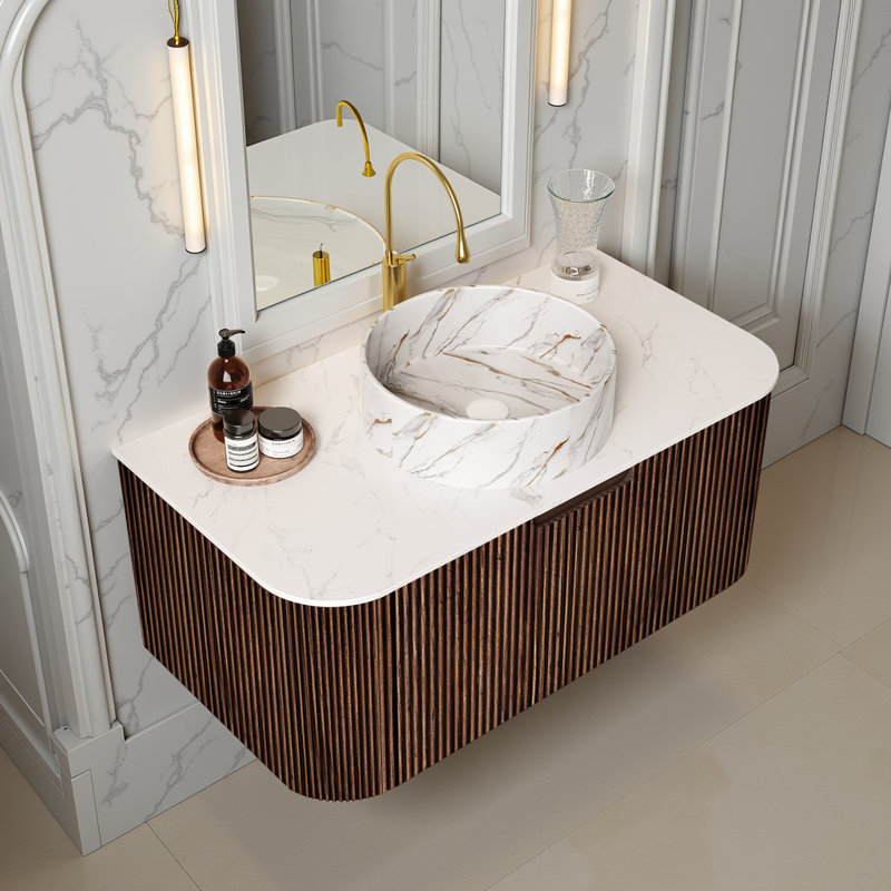 Meuble-lavabo flottant - comptoir en céramique blanche et comptoir en pierre (pré-assemblé, sans robinet), Brun, 36"