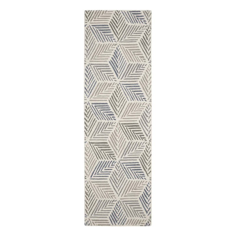 Karari Hand Hooked Wool Rug, Runner 2'6" x 8', Gray/Blue