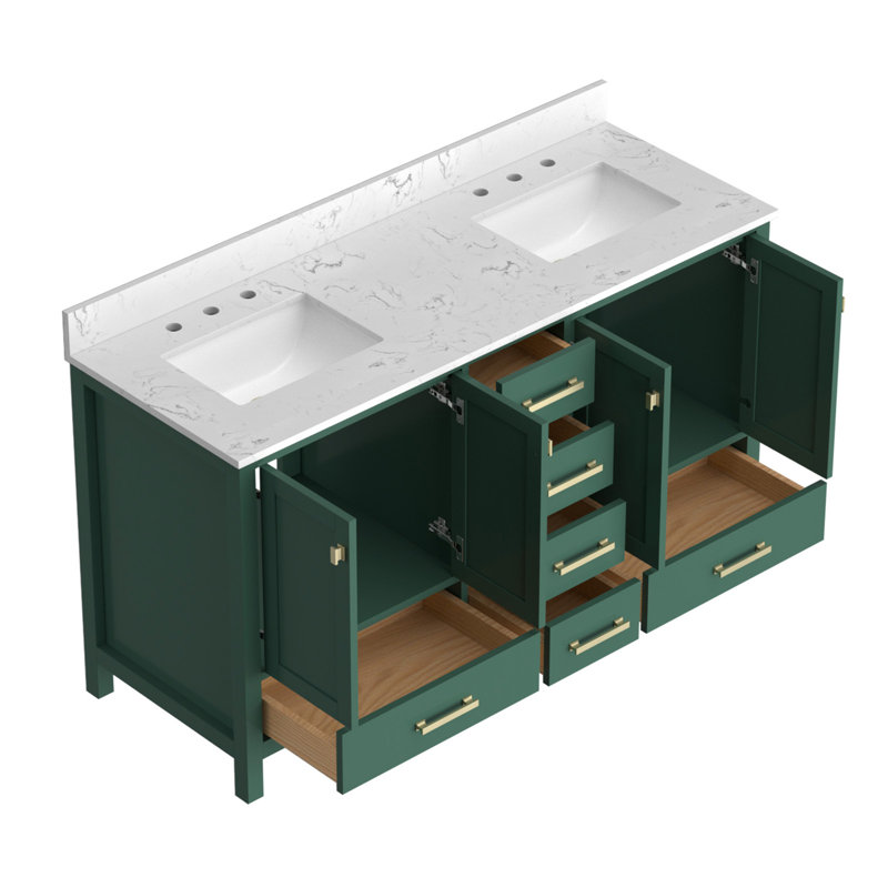 Meuble-lavabo 60 po, meuble-lavabo avec cadre en bois massif, comptoir autoportant avec double cuve vert